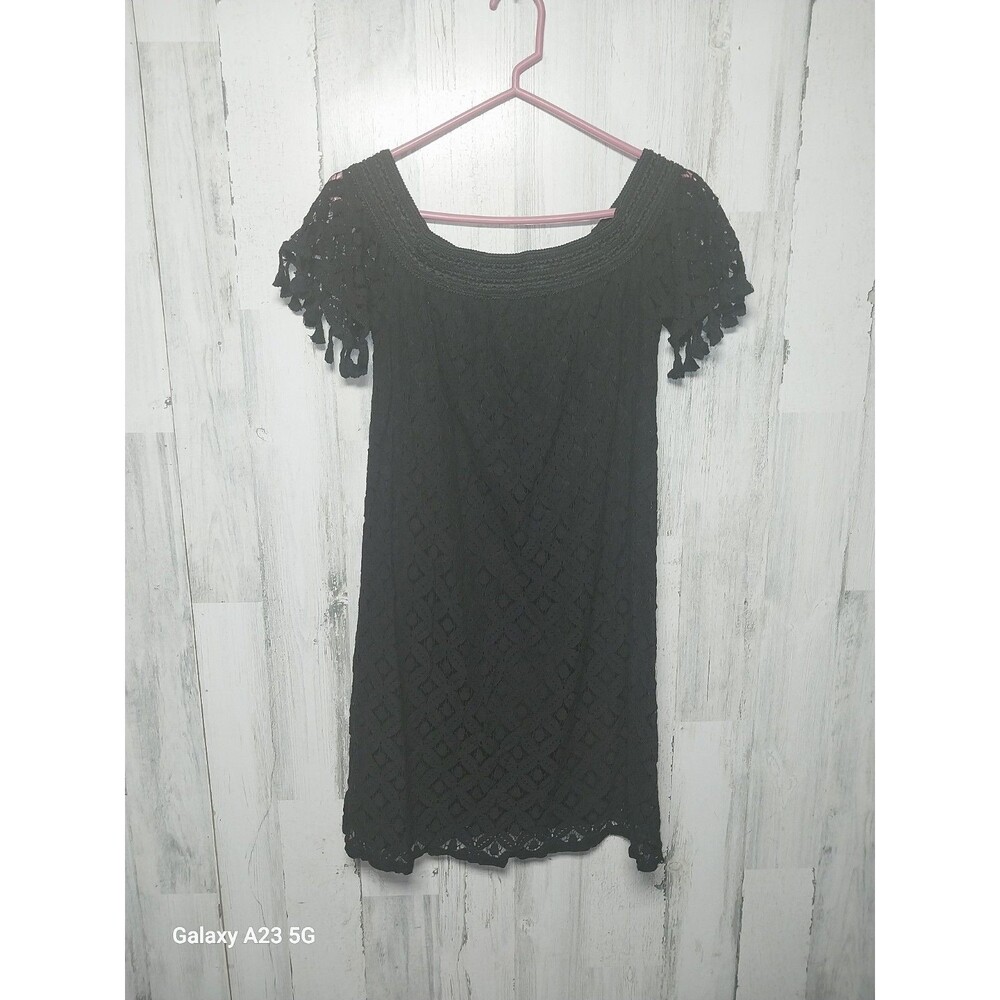 Charming Charlie Womens Size S Off The Shoulder Black Crochet Lace Dress Tassels